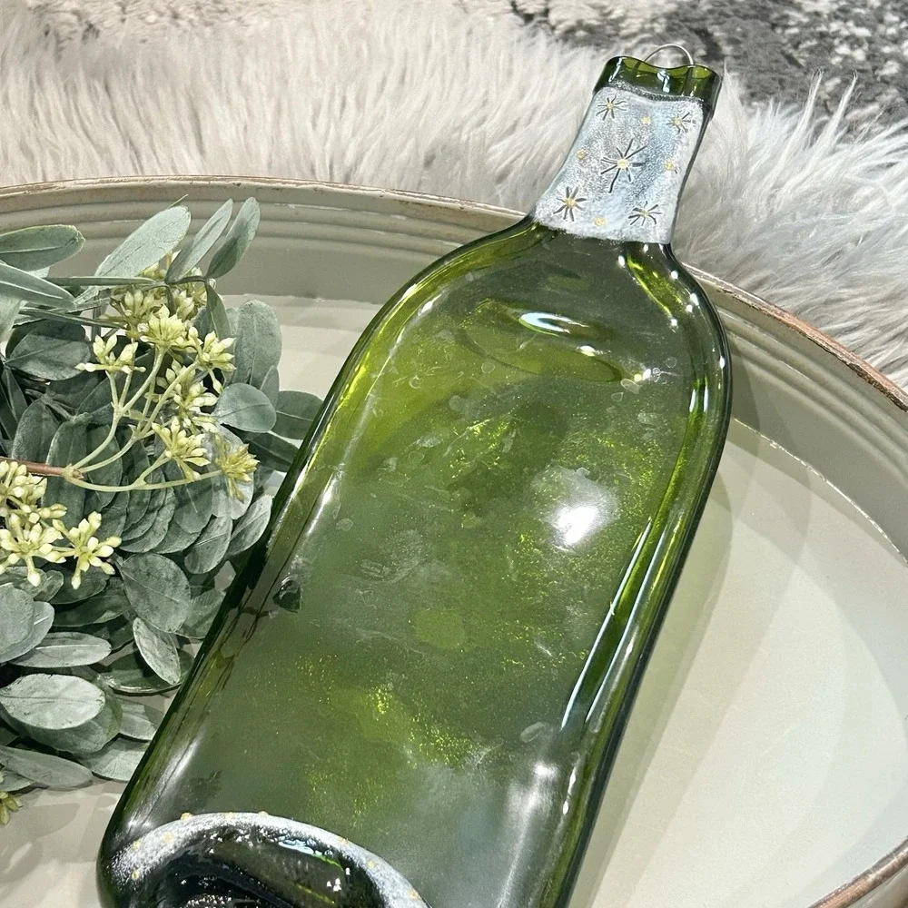 Flattened Green Glass Wine Bottle Spoon Rest Window Wall Decor‎ Art Glass 12